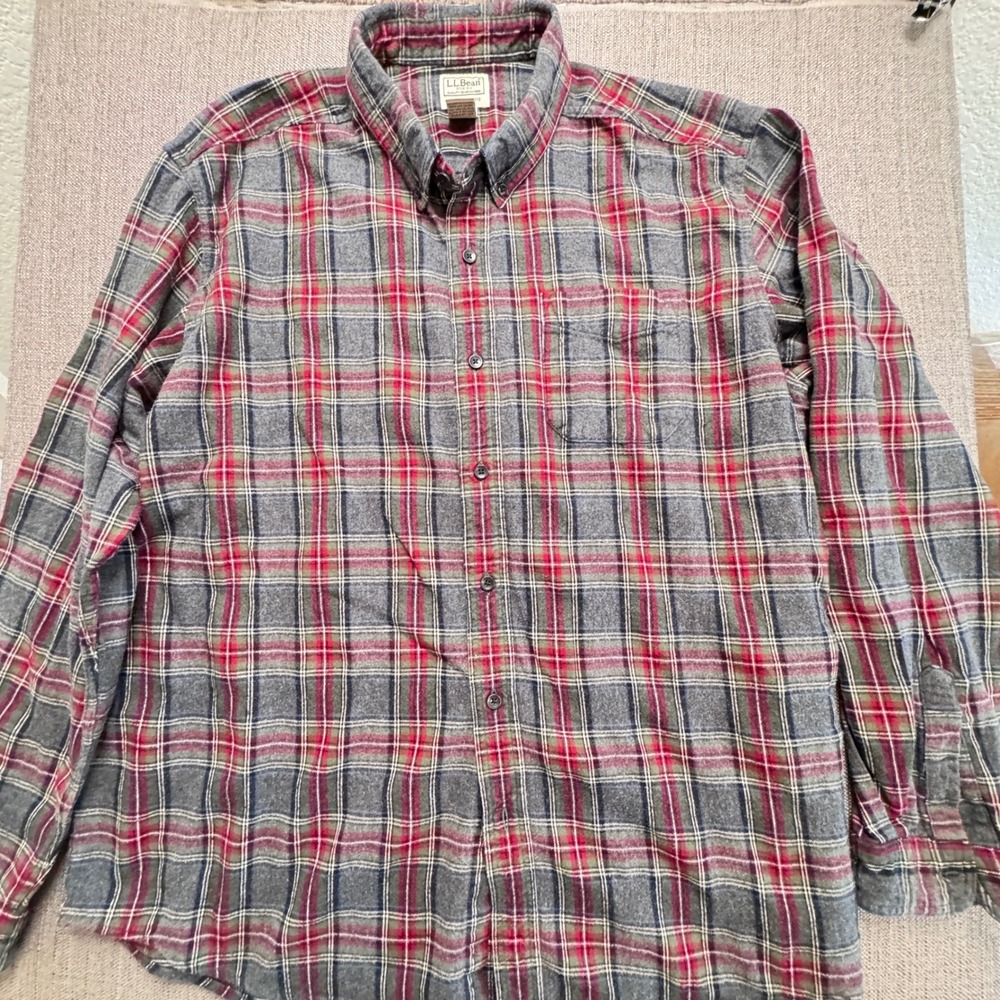 LL Bean Mens XXL Plaid Flannel Shirt Grey Red Traditional Fit 228061 Long Sleeve